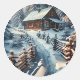 Winter Log Cabin on a Snowy Day Christmas Classic Round Sticker