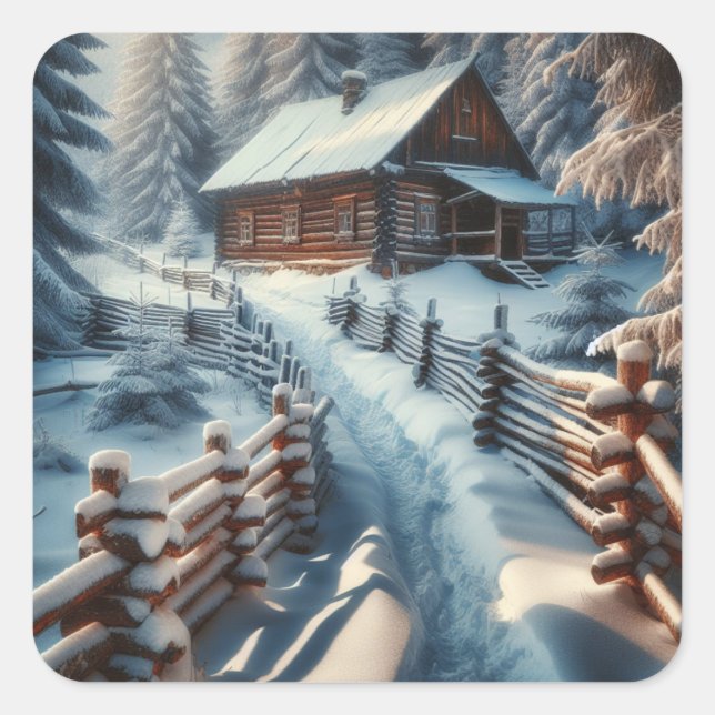 Winter Log Cabin on a Snowy Day Christmas Square Sticker (Front)