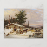 Winter Log House art postcard