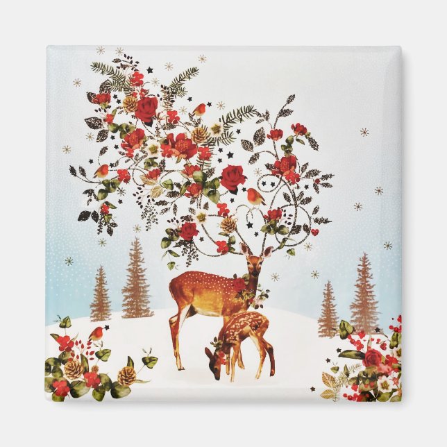 Winter Love Bird Christmas Tree Watercolor Magnet (Front)