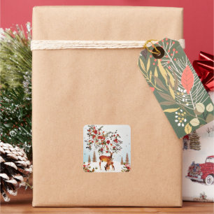 Winter Love Bird Christmas Tree Watercolor Square Sticker