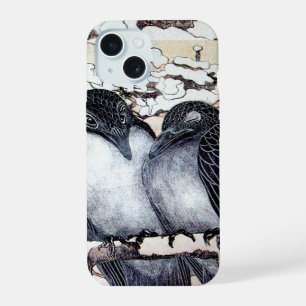 WINTER LOVE BIRDS IN SNOW Black and White Drawing iPhone 15 Case