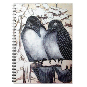 WINTER LOVE BIRDS IN SNOW Black and White Drawing Spiral Notebook