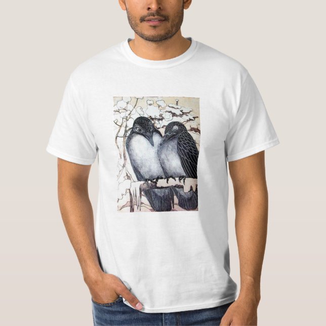 WINTER LOVE BIRDS IN SNOW Black and White Drawing T-Shirt (Front)
