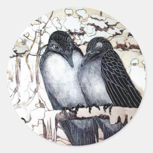 WINTER LOVE BIRDS IN SNOW Black White Classic Round Sticker