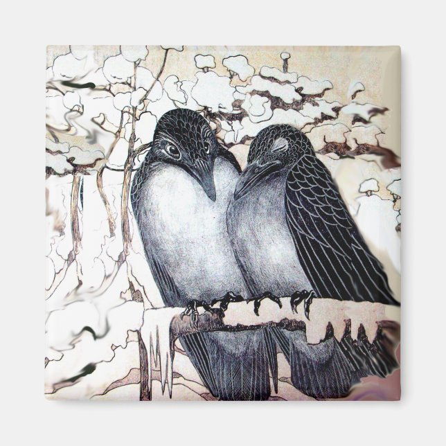 WINTER LOVE BIRDS IN SNOW Black White Magnet (Front)