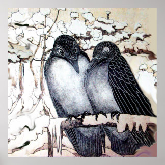 WINTER LOVE BIRDS IN SNOW Black White Poster