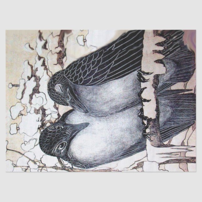 WINTER LOVE BIRDS IN SNOW Black White Tissue Paper (Front)