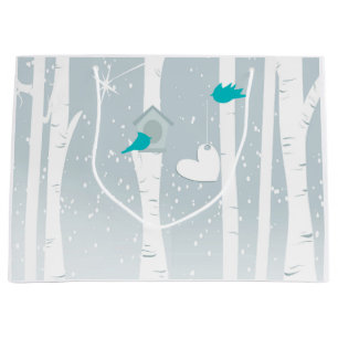 Winter Love Birds In White And Grey Large Gift Bag