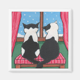 Winter Love Cats Holding Tails Cat Art Magnet