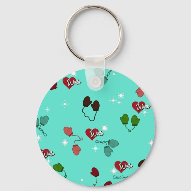 Winter Love Mittens and Snowflake Pattern Key Ring (Front)