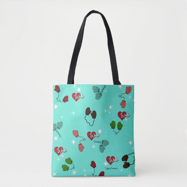 Winter Love Mittens and Snowflake Pattern  Tote Bag (Front)