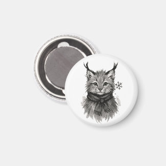 Winter Lynx Cat in Scarf – Animal Illustration on Magnet