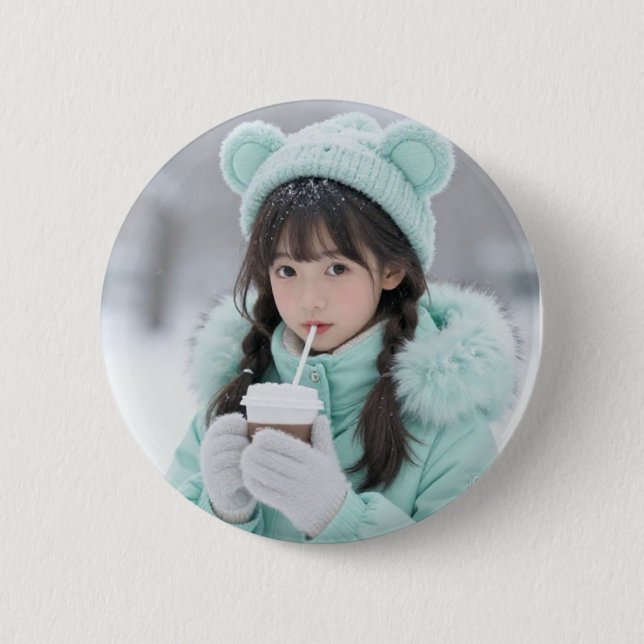 Winter Magic: Cute Mint Girl Anime Button (Front)