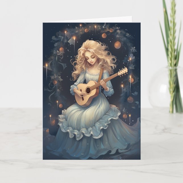 Winter Magic Girl Playing Guitar Christmas Music Holiday Card (Front)