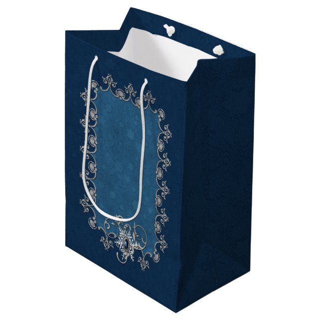 Winter Magic Silver and Snow on Midnight Blue Medium Gift Bag (Front Angled)