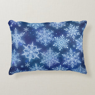 Winter Magic Snowflakes Deep Blue Sky Decorative Cushion