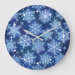 Winter Magic Snowflakes Deep Blue Sky Large Clock
