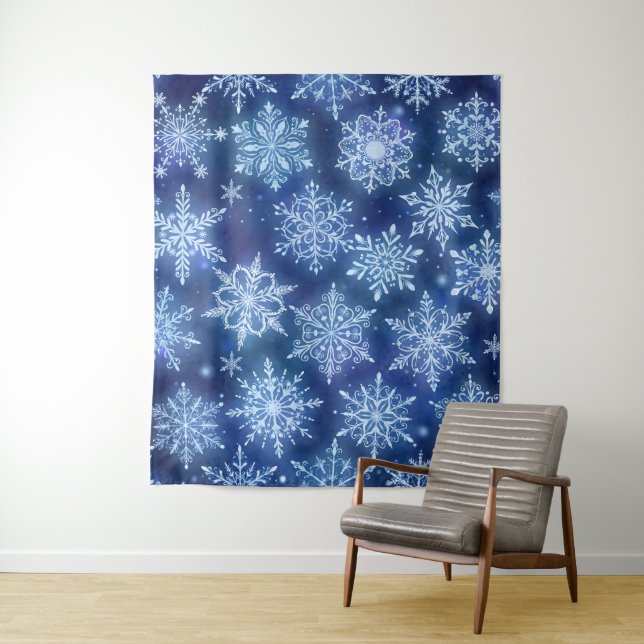 Winter Magic Snowflakes Deep Blue Sky Tapestry (In Situ)