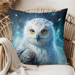 Winter Magic Snowy Owl Mystic Blue Throw Pillow