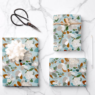 Winter Magnolia Floral Blue Grey Wrapping Paper Sheet