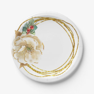Winter Magnolia with Gold Glitter Wreath Paper Plate