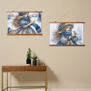 Winter Maiden in Blue Snowy Countryside Hanging Tapestry