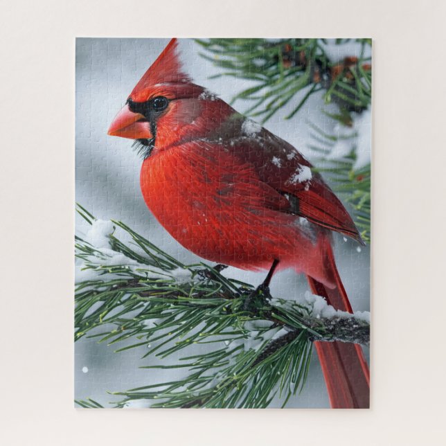 Winter Male Cardinal Bird Pine Christmas Wedding  Jigsaw Puzzle (Vertical)