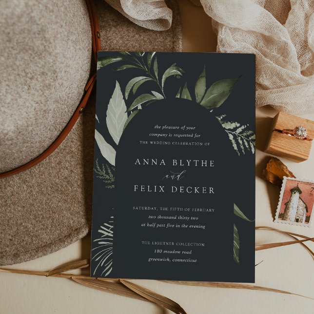 Winter Meadow Green Botanical Arch Wedding Invitation (Dark moody botanical wedding invitations)