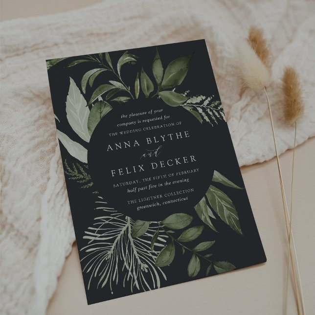 Winter Meadow Green Botanical Wedding Invitation (Dark moody botanical wedding invitations)