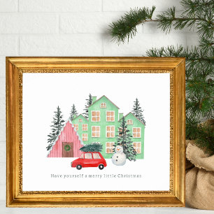 winter Merry Christmas cottage watercolor vintage Poster