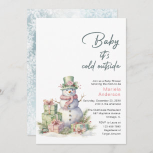 Winter Merry Christmas Snowman Watercolor Baby Sho Invitation