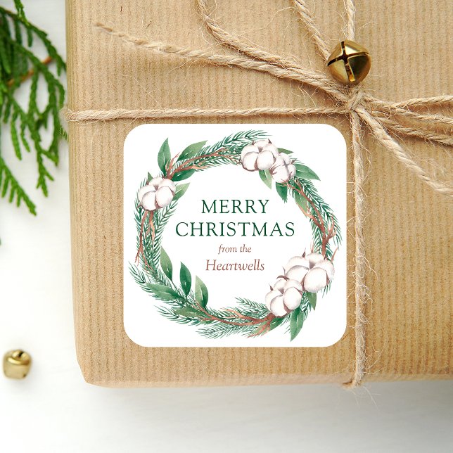 Winter Merry Christmas Watercolor Greenery Wreath Square Sticker (Creator Uploaded)
