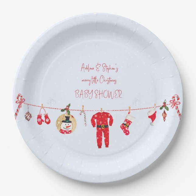 Winter Merry Little Christmas Boy Girl Baby Shower Paper Plate (Front)