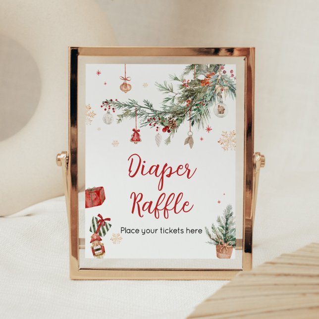 Winter Merry Little Christmas Diaper Raffle Poster (Merry Little Winter Christmas Baby Shower Diaper Raffle Sign)