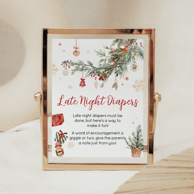 Winter Merry Little Christmas Late Night Diapers Poster (Merry Little Winter Christmas Baby Shower Late Night Diapers Sign)