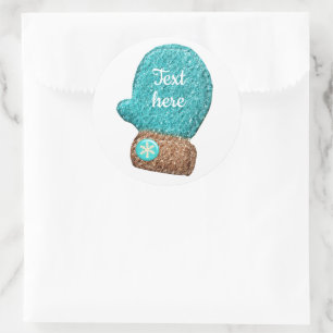 Winter mitten cute snowflake blue brown classic round sticker