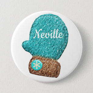 Winter mitten cute snowflake blue brown white 7.5 cm round badge
