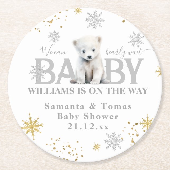 Winter Modern Bearly Wait Baby Shower Welcome Round Paper Coaster (Front)
