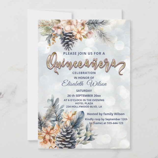 Winter modern bokeh floral watercolor invitation (Front)