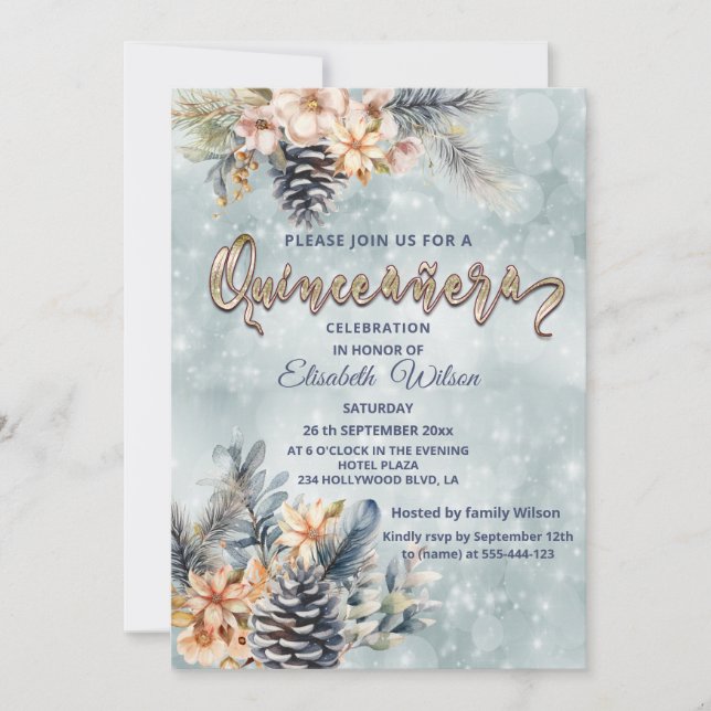 Winter modern bokeh floral watercolor invitation (Front)