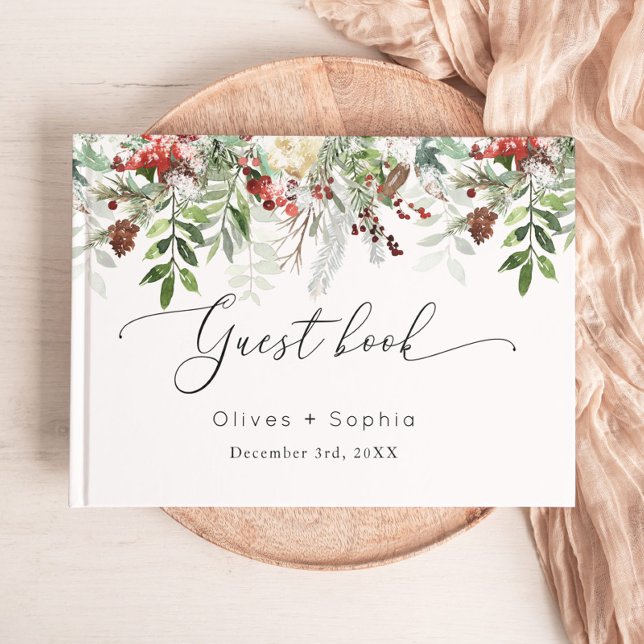 Winter modern evergeen Christmas wedding Guest Book (Creator Uploaded)