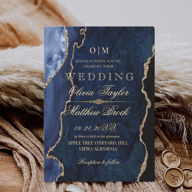 Winter Modern Moody Blue and Gold Agate Wedding Invitation (Creator Uploaded)