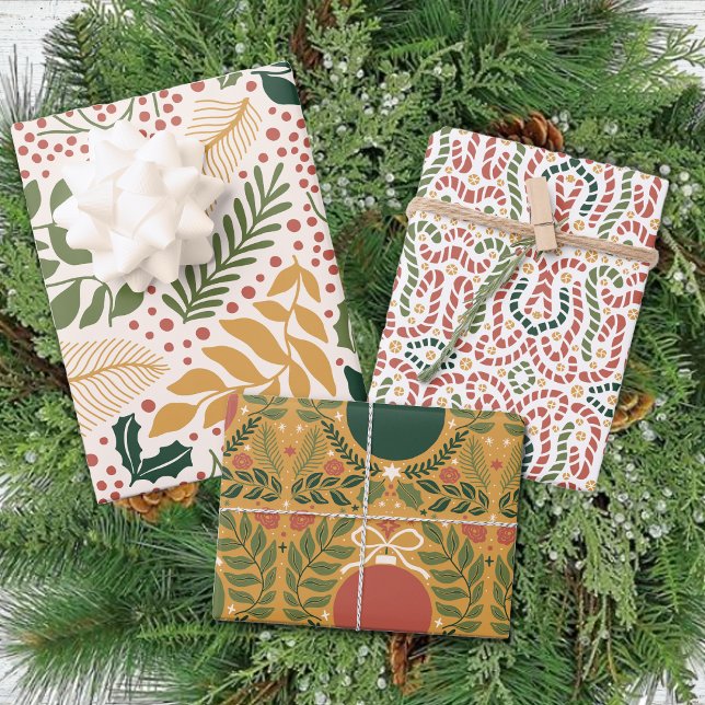 Winter Modern Muted Ornament Leaves Christmas Wrapping Paper Sheet (Creator Uploaded)