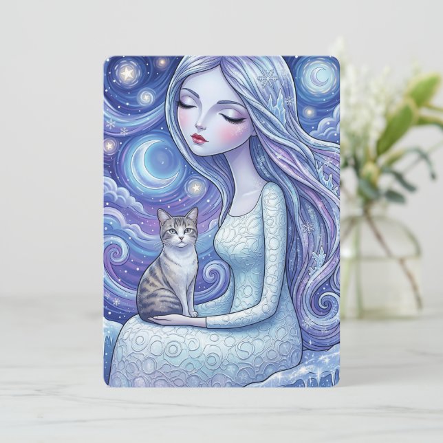 Winter Moon Maiden Silver Cat Fantasy Art Card (Standing Front)
