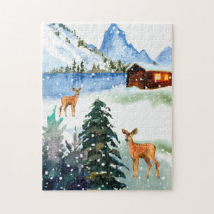 Winter mountain cabin with deer Puzzle