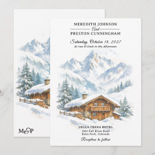 Winter Mountain Chalet Watercolor Snowy Wedding Invitation