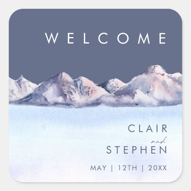 Winter Mountain Evening Wedding Welcome Square Sticker (Front)
