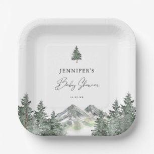 Winter Mountain Forest Baby Shower Paper Plate