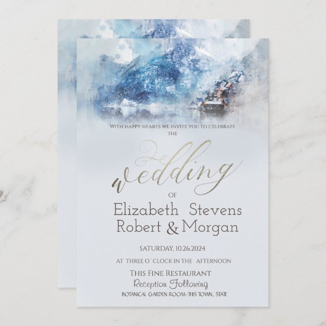 Winter Mountain Lake Snow Wedding   Invitation (Front/Back)